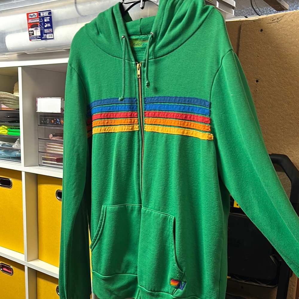 Aviator Nation Green Hoodie with Rainbow Stripes